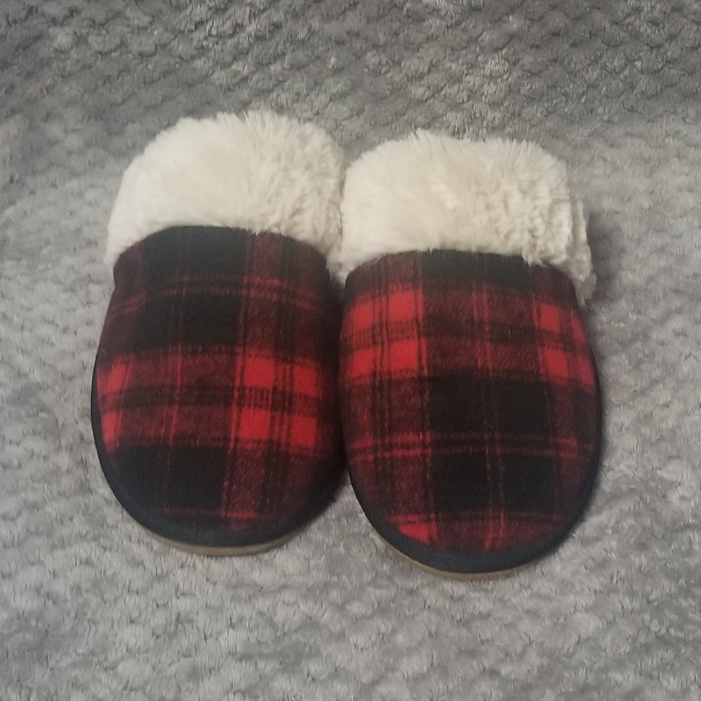 Checkered Plaid House Slippers w/Faux Fur Trim
